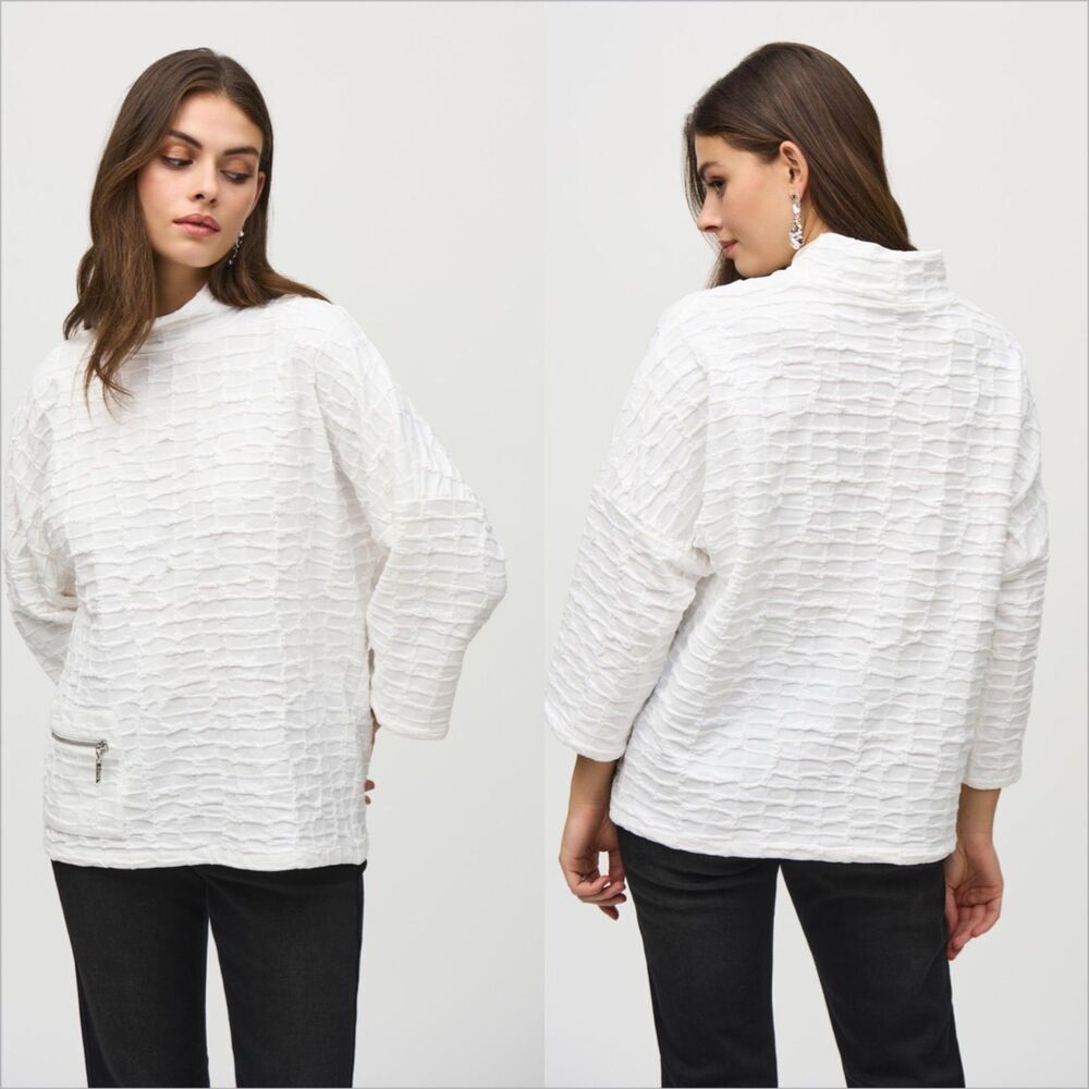 Joseph Ribkoff Jacquard Knit Boxy Top Size Small White Mock Neck 3/4 Sleeve